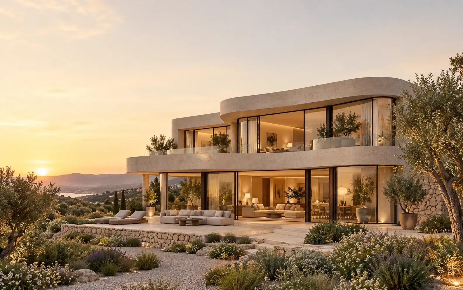 Illustration architecturale d’un projet résidentiel contemporain au lever du soleil